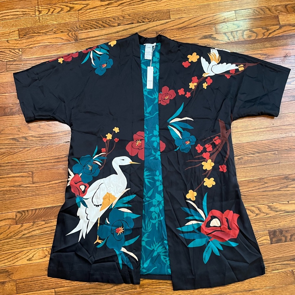 Chico's Black Satin-like Kimono with Red Floral Accents